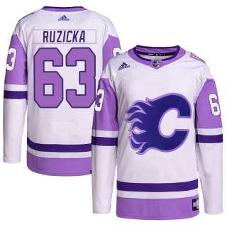Men's Adam Ruzicka Calgary Flames Adidas Hockey Fights Cancer Primegreen Jersey - Authentic White/Purple