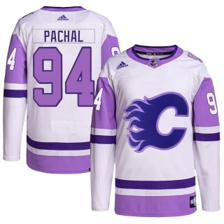 Men's Brayden Pachal Calgary Flames Adidas Hockey Fights Cancer Primegreen Jersey - Authentic White/Purple