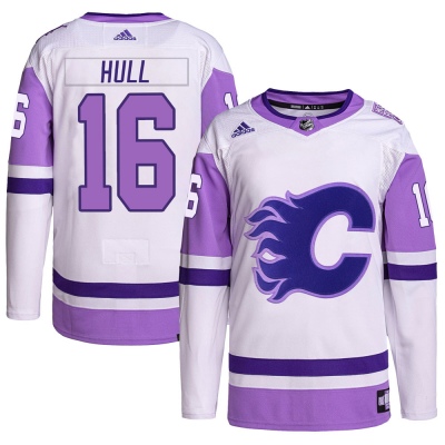 Men's Brett Hull Calgary Flames Adidas Hockey Fights Cancer Primegreen Jersey - Authentic White/Purple