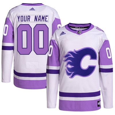 Men's Custom Calgary Flames Adidas Custom Hockey Fights Cancer Primegreen Jersey - Authentic White/Purple