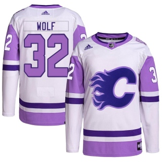 Men's Dustin Wolf Calgary Flames Adidas Hockey Fights Cancer Primegreen Jersey - Authentic White/Purple