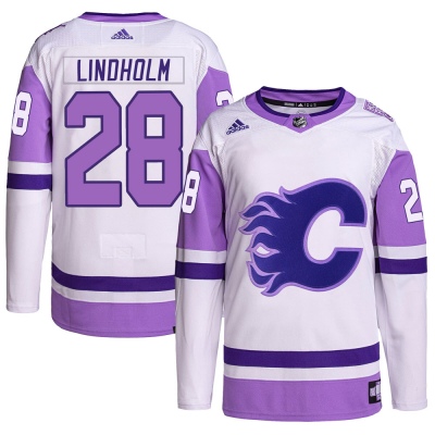 Men's Elias Lindholm Calgary Flames Adidas Hockey Fights Cancer Primegreen Jersey - Authentic White/Purple