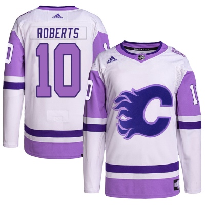 Men's Gary Roberts Calgary Flames Adidas Hockey Fights Cancer Primegreen Jersey - Authentic White/Purple