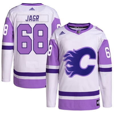 Men's Jaromir Jagr Calgary Flames Adidas Hockey Fights Cancer Primegreen Jersey - Authentic White/Purple