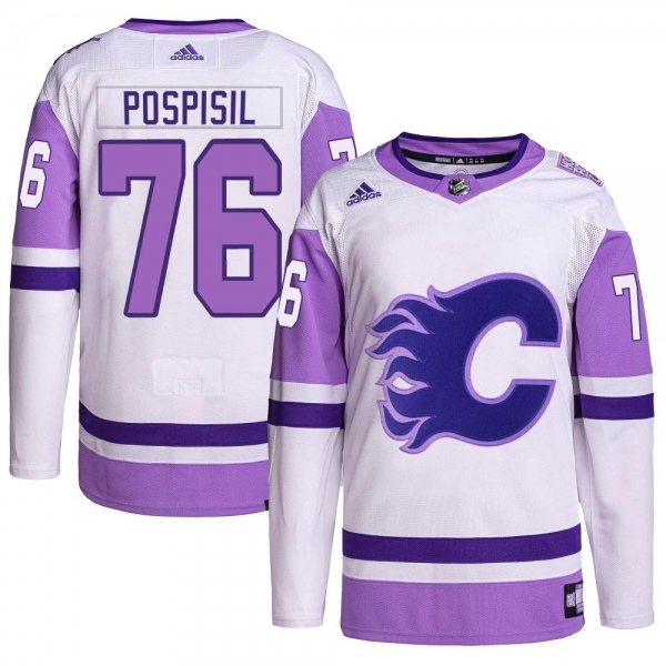 Men's Martin Pospisil Calgary Flames Adidas Hockey Fights Cancer Primegreen Jersey - Authentic White/Purple