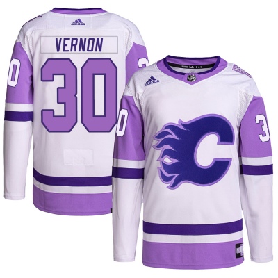 Men's Mike Vernon Calgary Flames Adidas Hockey Fights Cancer Primegreen Jersey - Authentic White/Purple