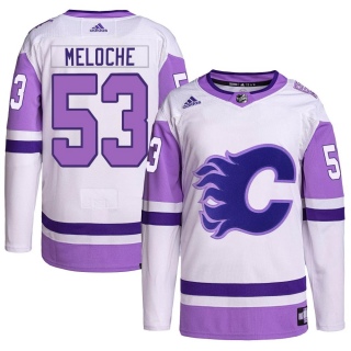 Men's Nicolas Meloche Calgary Flames Adidas Hockey Fights Cancer Primegreen Jersey - Authentic White/Purple