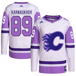 Men's Pavel Karnaukhov Calgary Flames Adidas Hockey Fights Cancer Primegreen Jersey - Authentic White/Purple