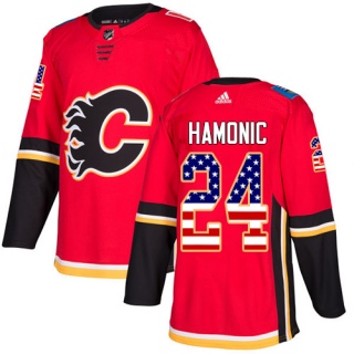 Men's Travis Hamonic Calgary Flames Adidas USA Flag Fashion Jersey - Authentic Red