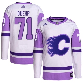Men's Walker Duehr Calgary Flames Adidas Hockey Fights Cancer Primegreen Jersey - Authentic White/Purple